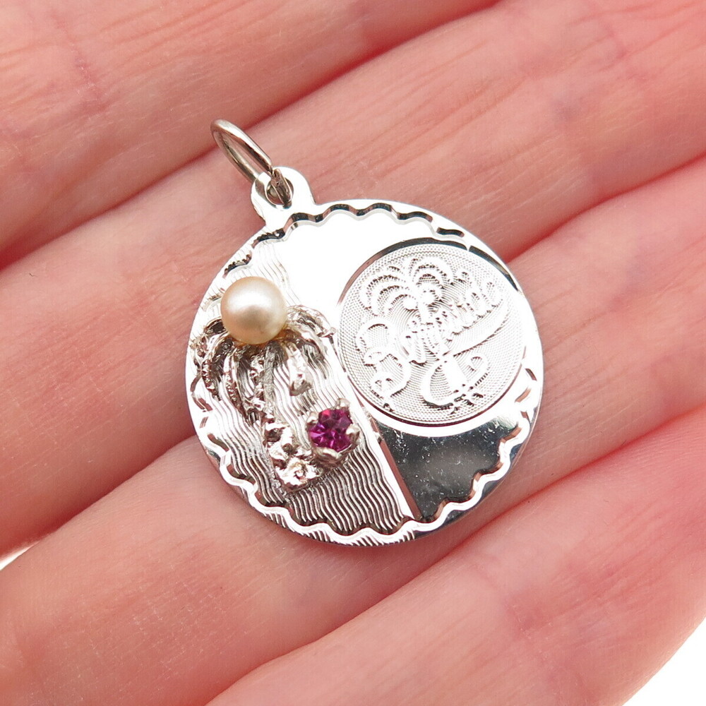 CREA 925 Sterling Vintage Rhinestone Faux Pearl Bermuda Palm Tree Charm Pendant